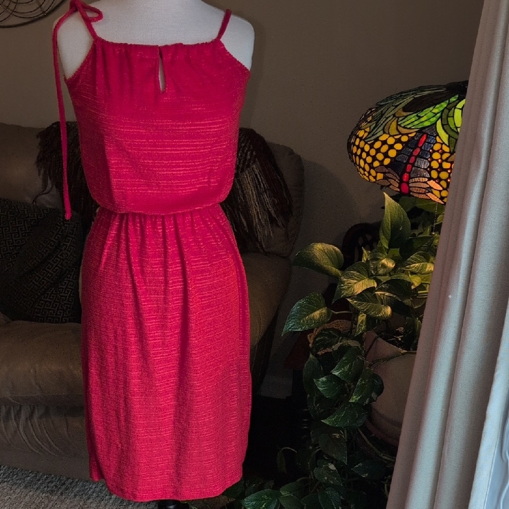 Vintage 70's Women's Bright Coral Tie-Shoulder Sundress Small Adjustable Straps
